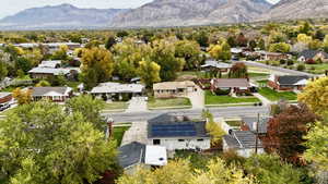Aerial perspective of suburban area featuring mountains