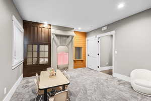 Game room featuring carpet and recessed lighting