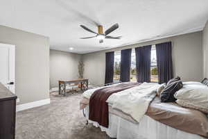 Basement Master bedroom with ceiling fan and a textured ceiling