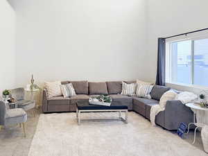 Living room featuring a towering ceiling