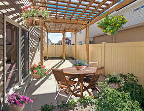 Fenced backyard featuring a patio area, a pergola, and outdoor dining space