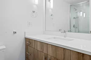 Bathroom with vanity and a stall shower