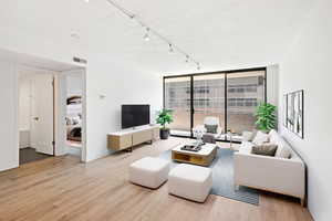 Living room with expansive windows, light wood-style flooring, and rail lighting
