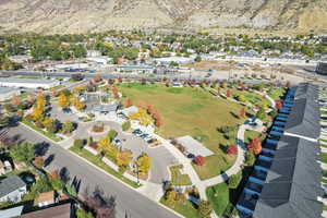 Aerial view of residential area featuring mountains