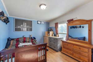 Bedroom with crown molding and light wood finished floors