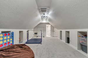 Additional living space with carpet flooring, vaulted ceiling, and a textured ceiling