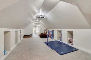 Additional living space with carpet floors, a textured ceiling, and lofted ceiling