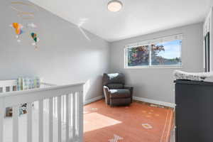 Bedroom with a crib and baseboards