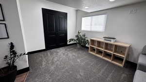 2nd Living area featuring large storage closet,  textured ceiling, dark colored carpet, and recessed lighting