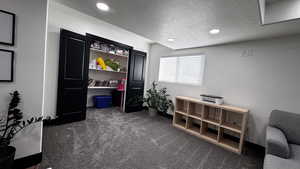 Sitting room featuring dark carpet, a textured ceiling, and recessed lighting