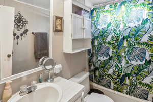 Full bathroom featuring vanity and shower / bath combination with curtain