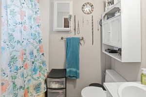 Bathroom featuring a shower with shower curtain and vanity