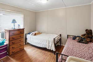 Bedroom featuring wood finished floors and ornamental molding