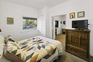 Carpeted bedroom featuring crown molding