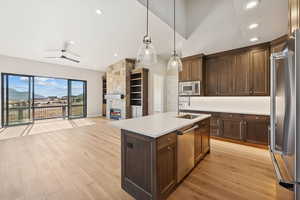 Kitchen featuring open floor plan, decorative light fixtures, appliances with stainless steel finishes, a fireplace, and light wood finished floors
