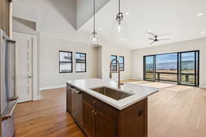 Kitchen featuring dark brown cabinets, a mountain view, open floor plan, light wood finished floors, and stainless steel appliances