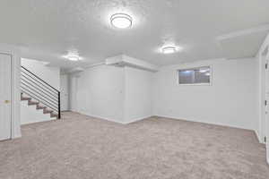 Finished below grade area featuring light colored carpet, new metal stairs and new carpet