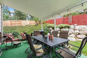 Fenced backyard featuring a patio area and outdoor dining space