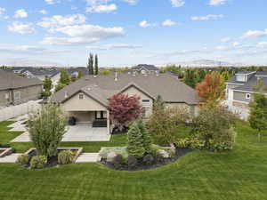Aerial view of residential area with mountains