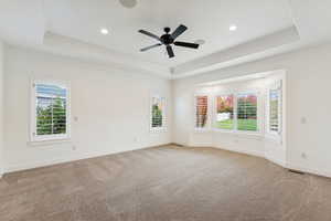 Spare room featuring a tray ceiling, plenty of natural light, and recessed lighting