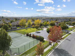 Aerial view of residential area with a mountain backdrop