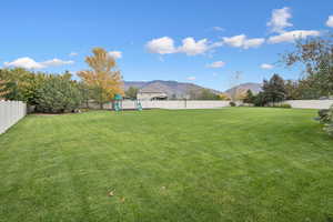 Fenced backyard featuring a mountain view and a playground