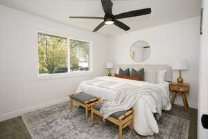 Bedroom featuring carpet flooring and ceiling fan