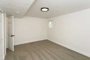 Carpeted spare room featuring a textured ceiling and baseboards