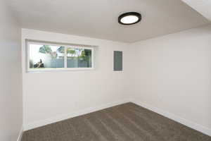 Spare room featuring a textured ceiling, carpet, and electric panel