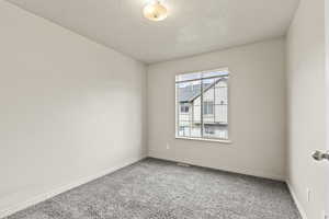 Unfurnished room featuring carpet and a textured ceiling