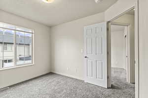 Carpeted spare room with a textured ceiling and baseboards
