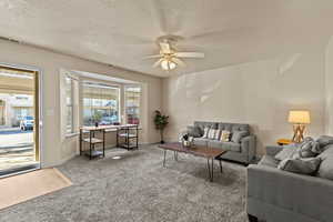 Carpeted living area featuring plenty of natural light, a textured ceiling, and ceiling fan