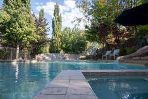 View of swimming pool with a patio area and a fenced backyard