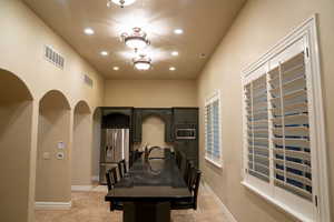 Game room featuring recessed lighting and light carpet