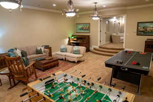 Game room featuring ornamental molding, light carpet, and recessed lighting