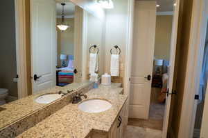 Ensuite bathroom featuring vanity, ornamental molding, and light tile patterned flooring