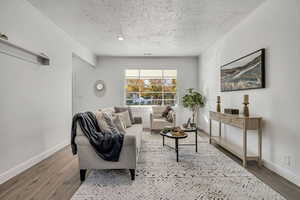 Living area with light wood-style flooring and a textured ceiling