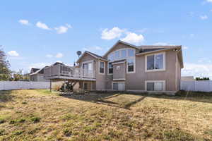 Back of house with a fenced backyard, stucco siding, and a deck