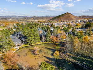Aerial view of residential area featuring a mountain backdrop