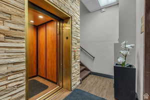 View of exterior entry with elevator