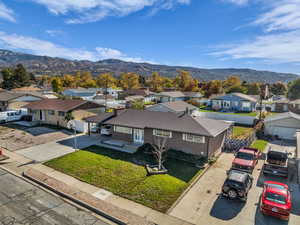 Aerial view of residential area with mountains