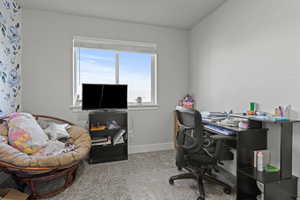 Home office with carpet floors and baseboards
