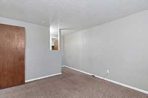 Carpeted spare room with baseboards and a textured ceiling