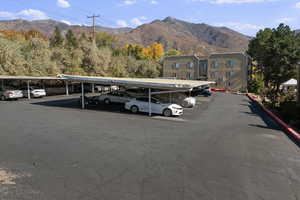 Covered parking lot with a mountain view