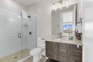 Full bath with vanity and a shower stall