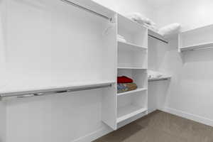 Walk in closet with light carpet