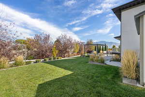 View of grassy yard with a patio area and a mountain view