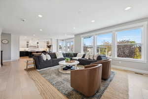 Living area featuring recessed lighting and light wood finished floors
