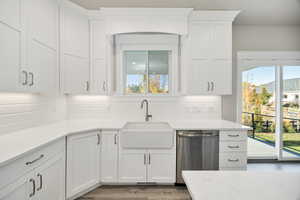 Kitchen with dishwasher, white cabinets, decorative backsplash, light stone counters, and dark wood-style flooring
