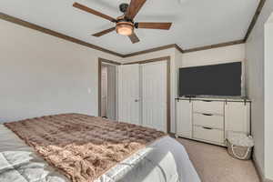 Bedroom with light carpet, a ceiling fan, ornamental molding, and a closet